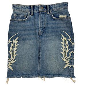 AllSaints Philly Denim Jean Skirt 2 Blue Distressed Embroidered Mini
